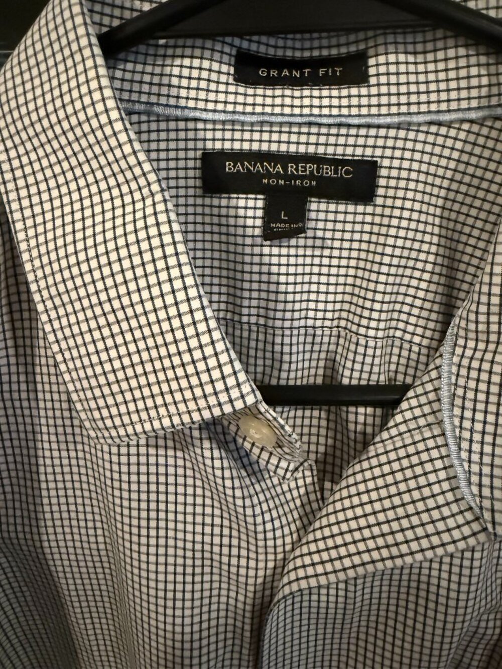 Banana Republic Grant Fit Non-Iron Dress Shirt Men's Large Micro-Check Grid Plai